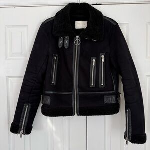 Zara Black Faux Suede Shearling Biker Jacket, Size Medium